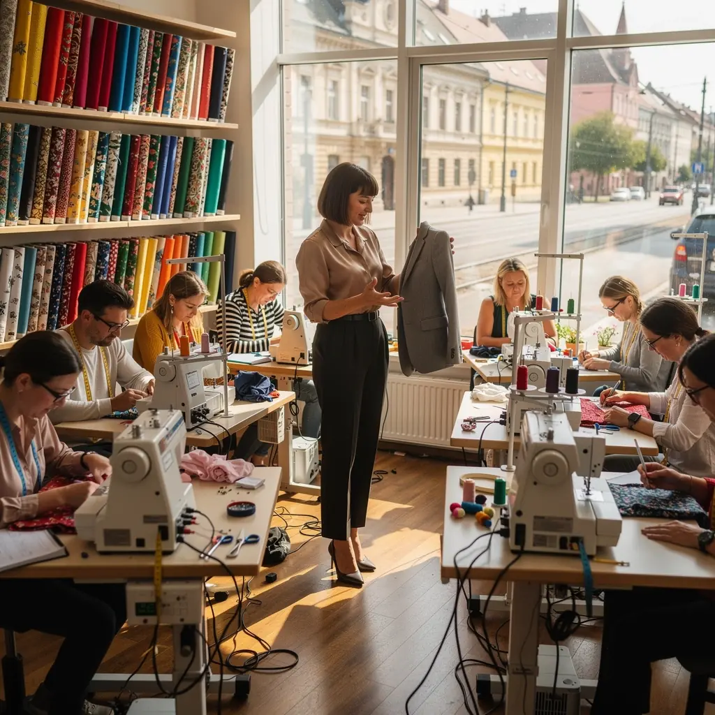 Minta készítés folyamata, ahol a tanulók papíron alakítják a ruházati terveket.