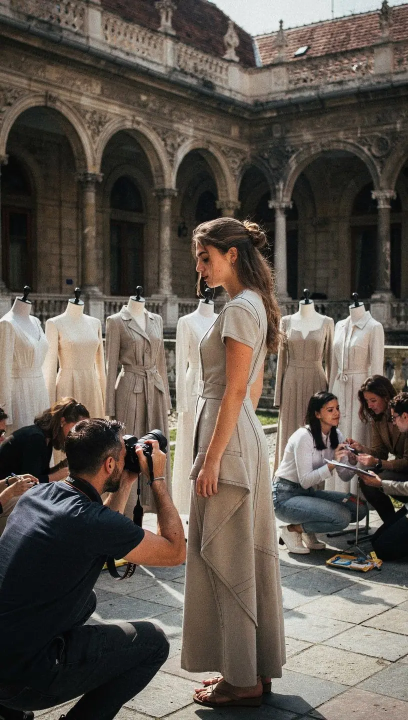 Minta készítés folyamata, ahol a tanulók papíron alakítják a ruházati terveket.